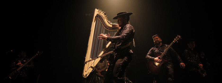 Músicos del Maule en una presentación artística, con arpa y guitarras